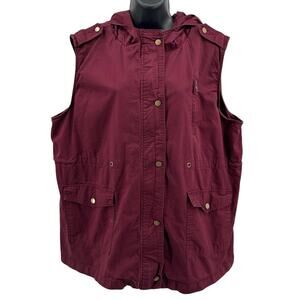 Zenana Military Hoodie Vest WMNS 3X Maroon QJ2449X Drawstring Waist Pockets Snap
